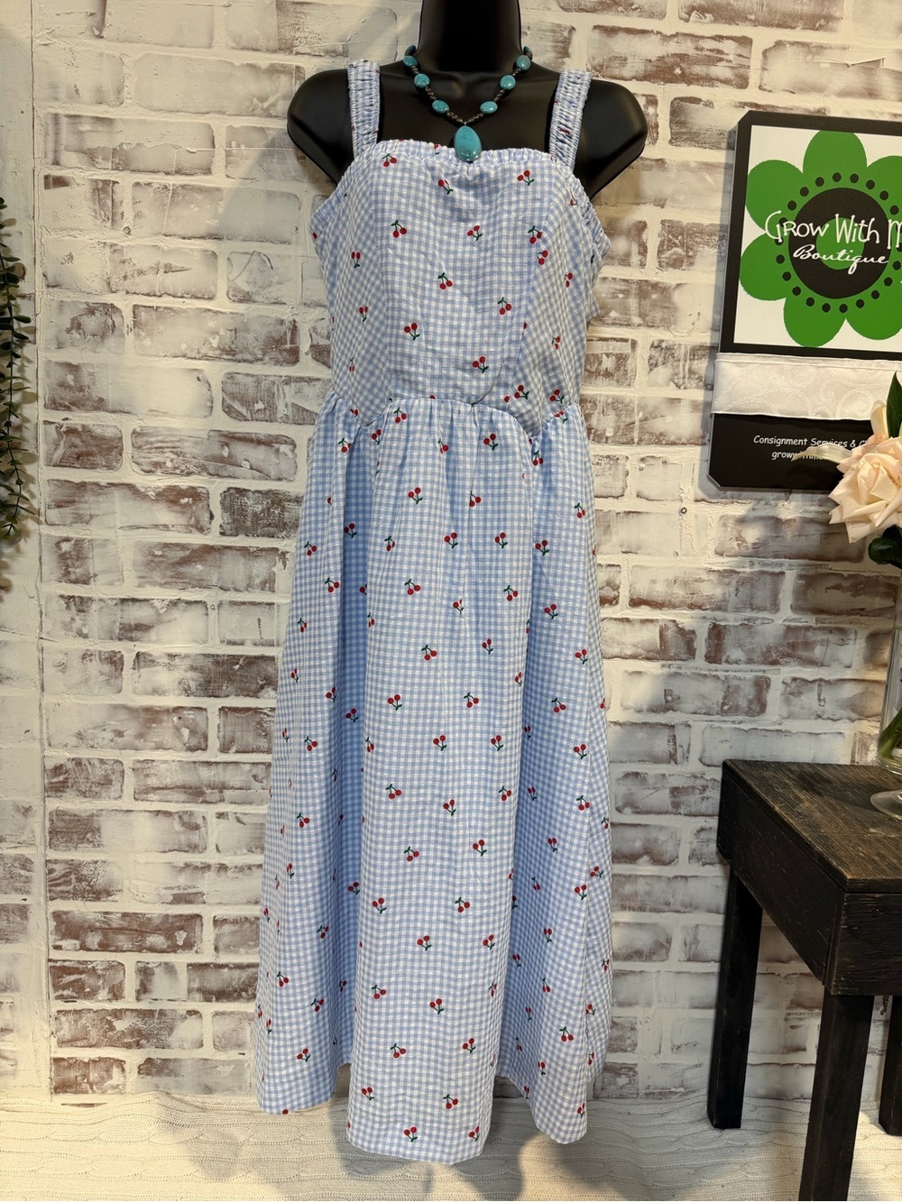 Light Blue Gingham Midi Dress with Cherry Print